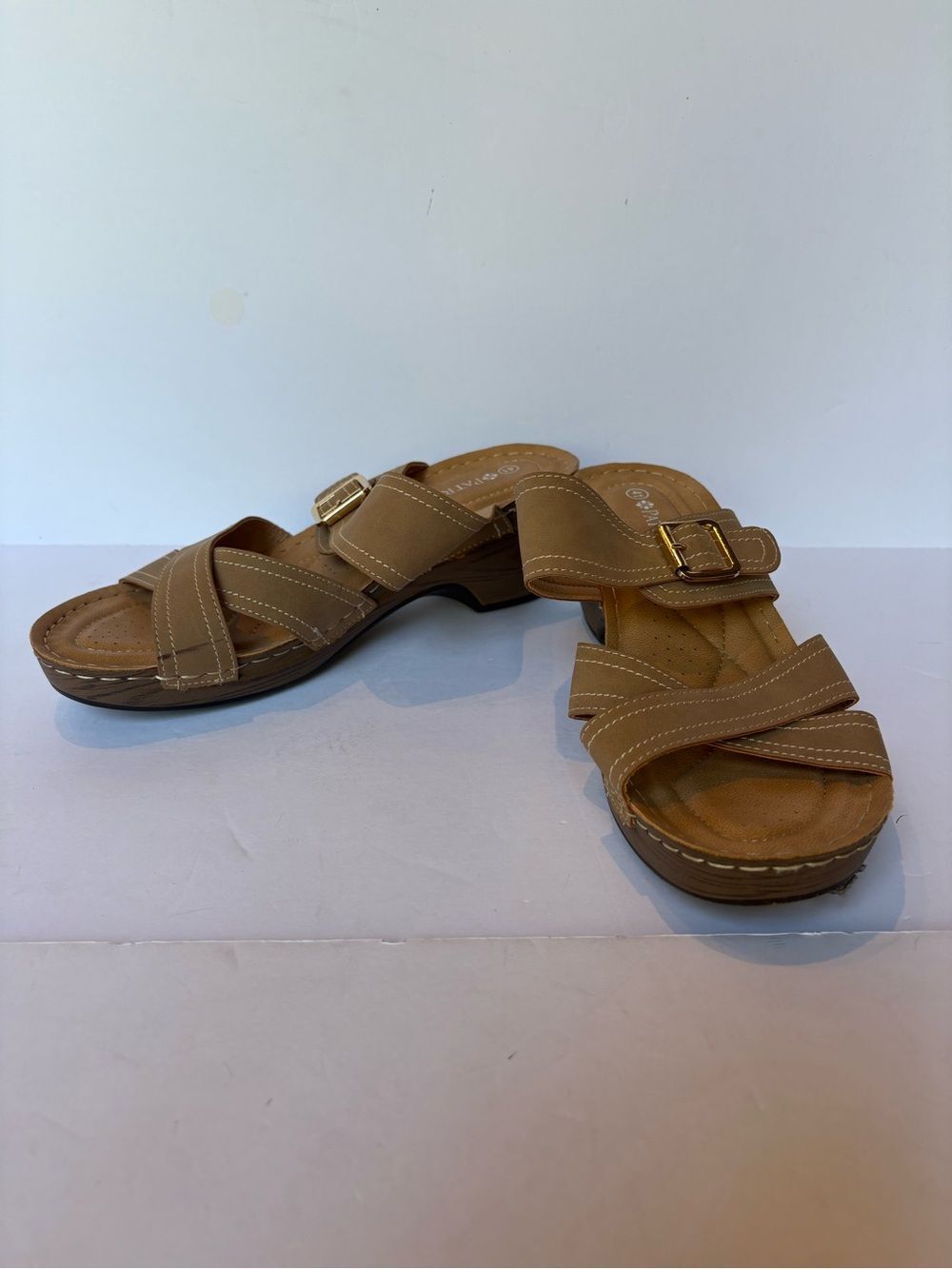 Patrizia Women's Tan Slip-On Buckle Sandals Size 41